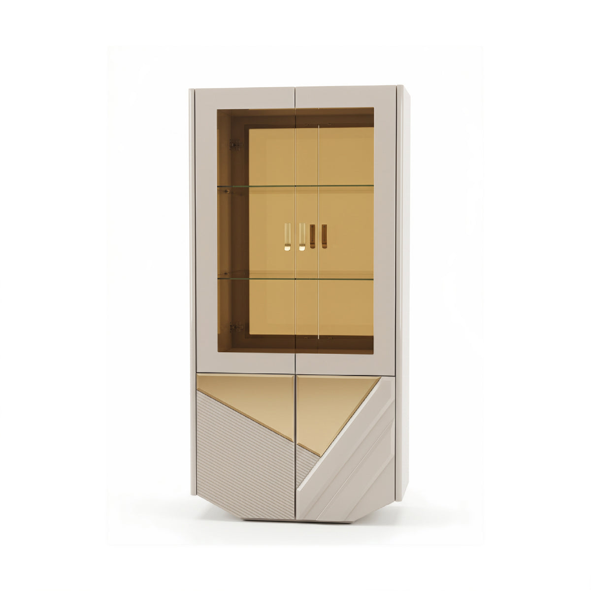 Glossy off-white and mirrored glass display cabinet
