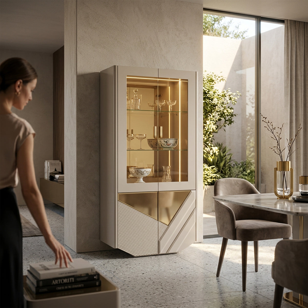 Glossy off-white and mirrored glass display cabinet
