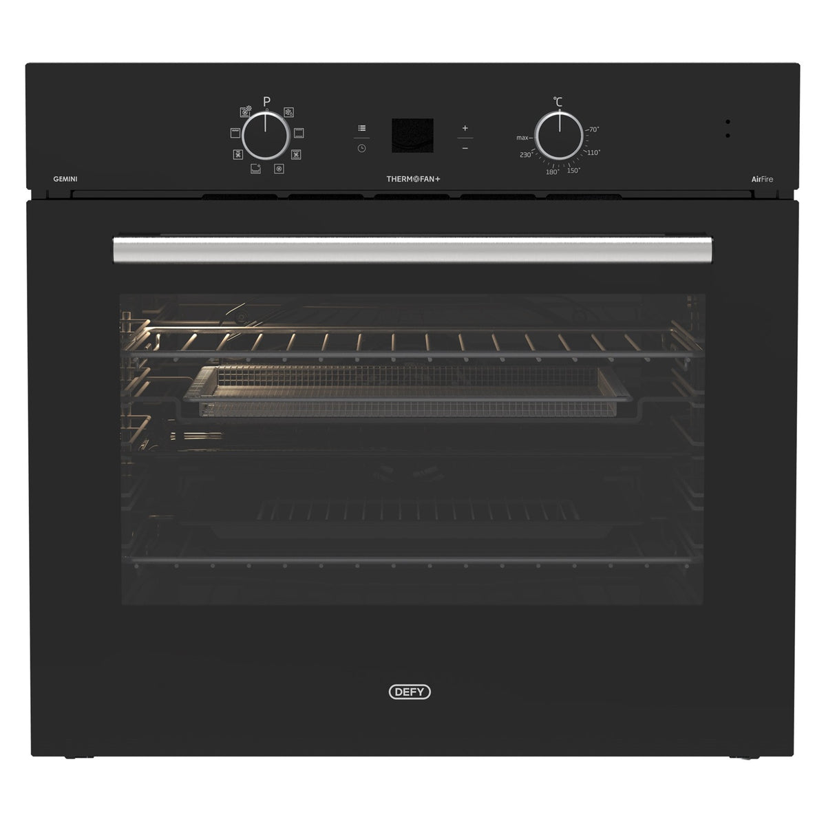 Defy DBO774 Gemini oven, door open showing 1 deep baking tray, roast tray, AirFire basket and 2 wire trays
