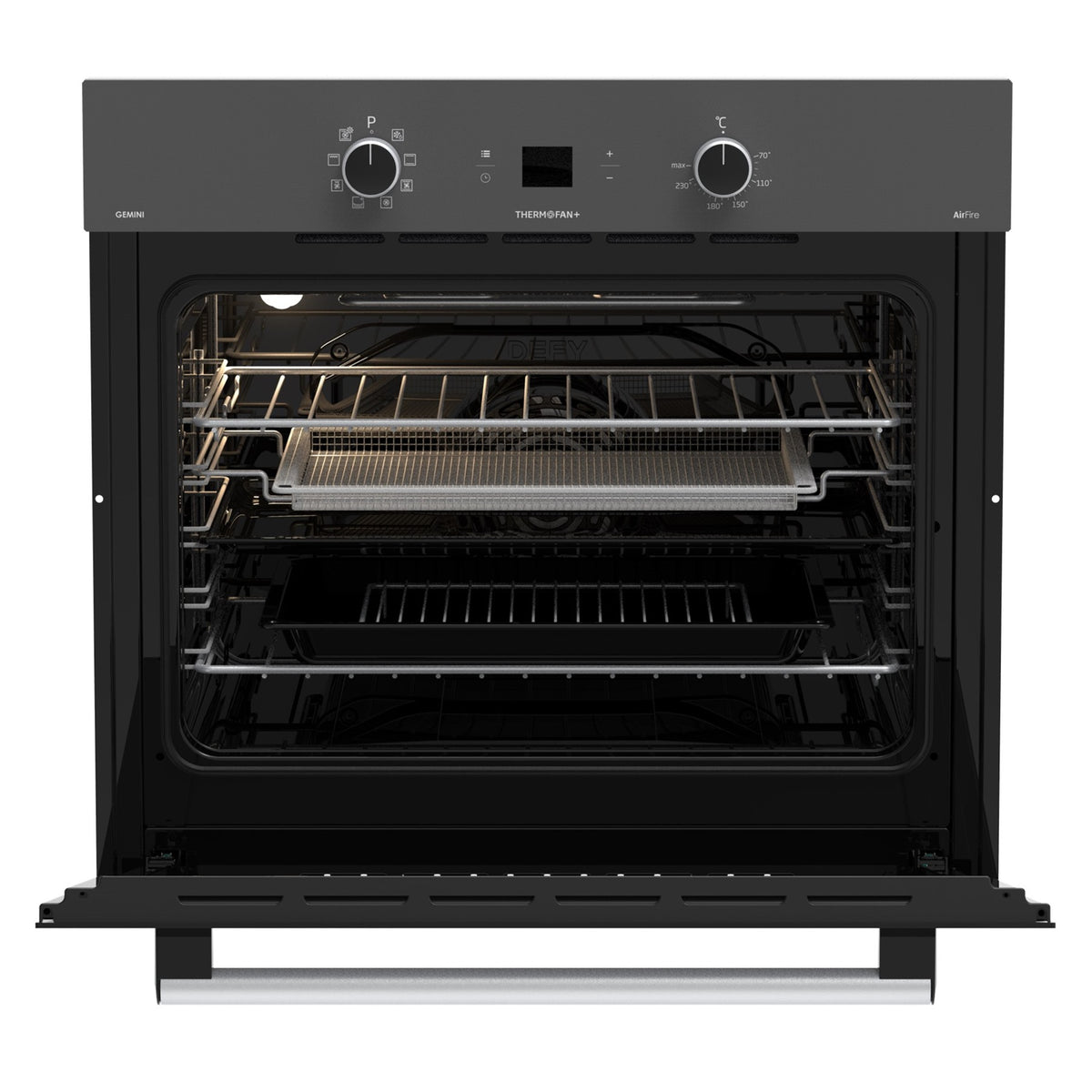 Defy DBO775 Gemini Mirror oven, door open showing 1 deep baking tray, roast tray and 2 wire trays