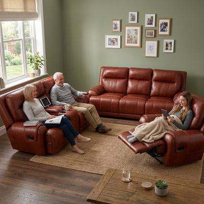 Earthline Falcon 3,2,1 Recliner Lounge Suite - Inyathi Tan in a living room