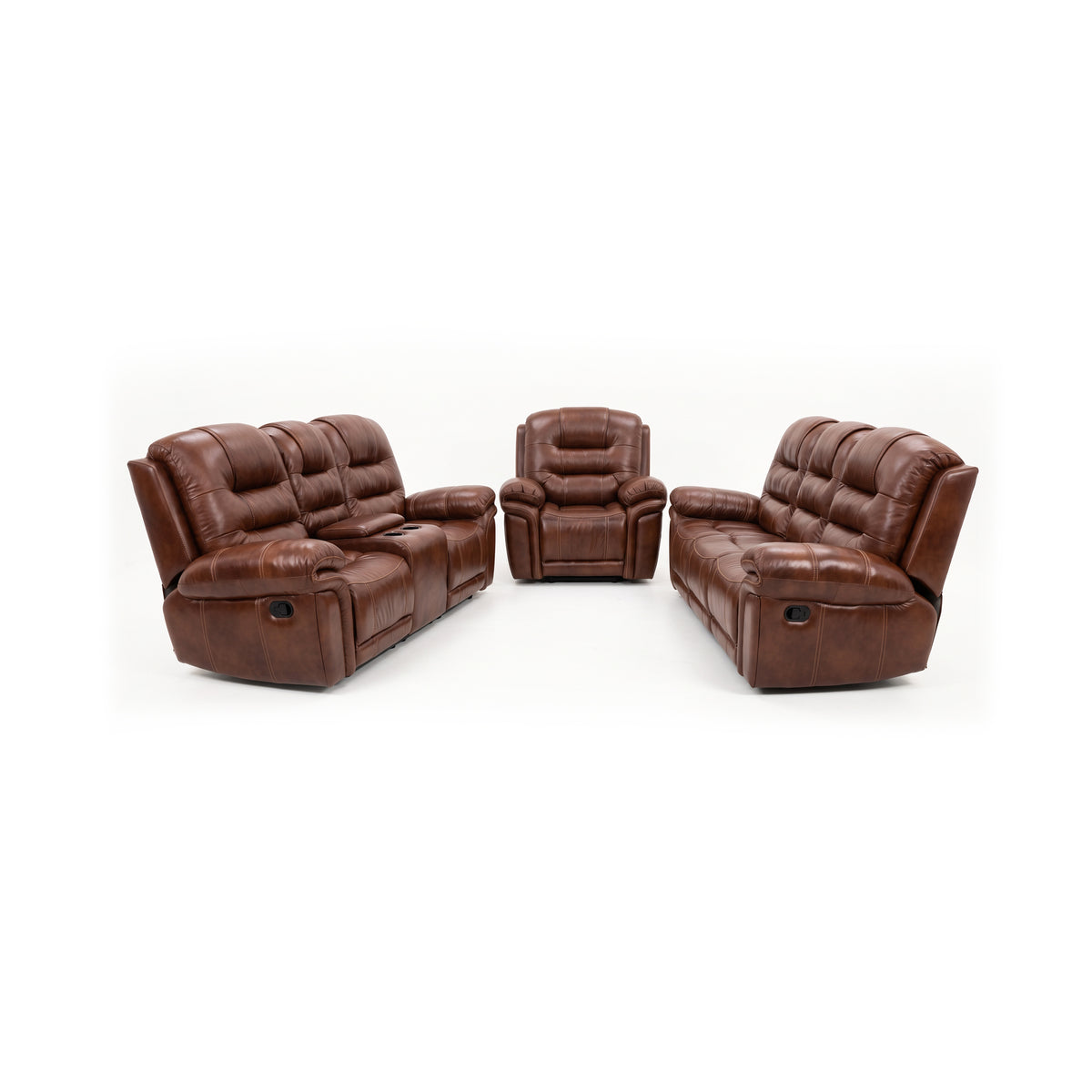 Earthline Sparta 3.2.1 recliner lounge suite in Cumulus Chestnut - 3 seater, 2 seater with console and recliner chair