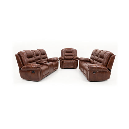 Earthline Sparta 3.2.1 recliner lounge suite in Cumulus Chestnut - 3 seater, 2 seater with console and recliner chair