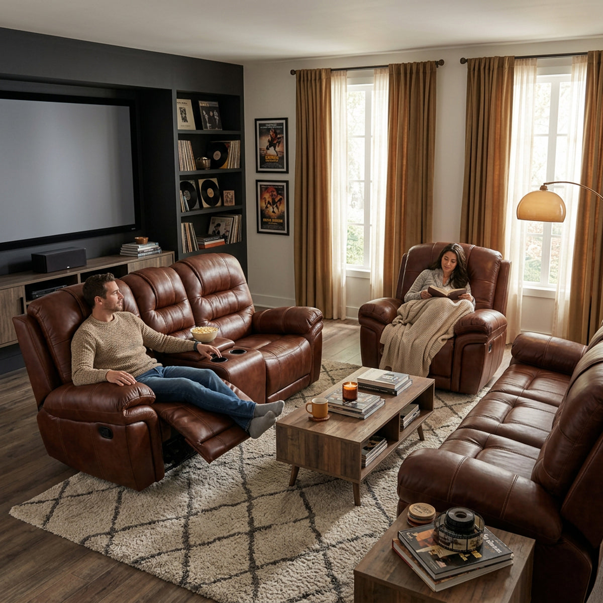 Earthline Sparta recliner lounge suite in a TV room with footrests raised