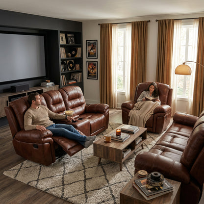 Earthline Sparta recliner lounge suite in a TV room with footrests raised