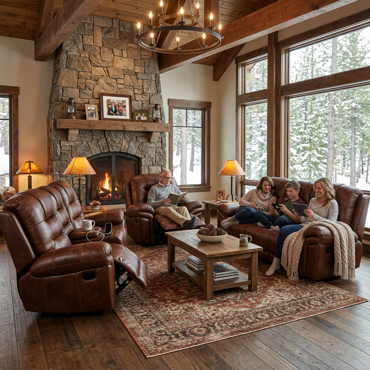 Family relaxing on the Earthline Sparta 3.2.1 recliner lounge suite by a fireplace
