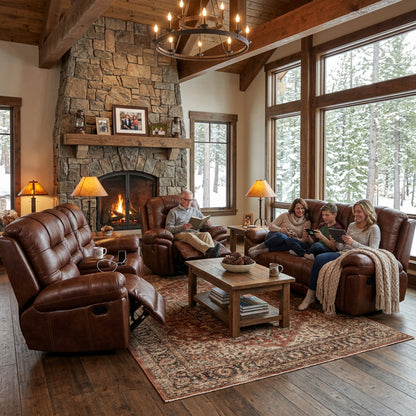 Family relaxing on the Earthline Sparta 3.2.1 recliner lounge suite by a fireplace