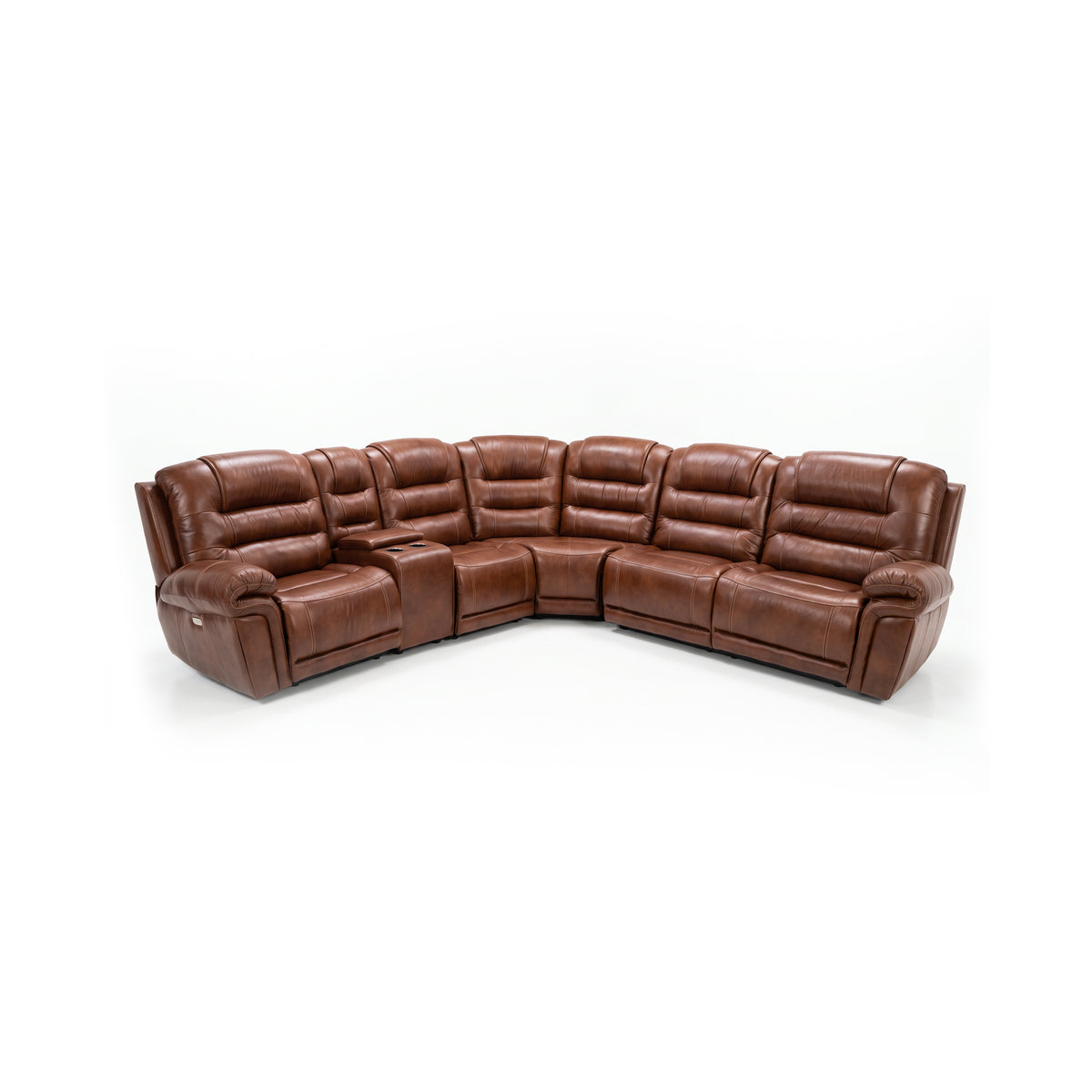 Earthline Sparta 4 piece corner recliner lounge suite in Cumulus Chestnut with centre console