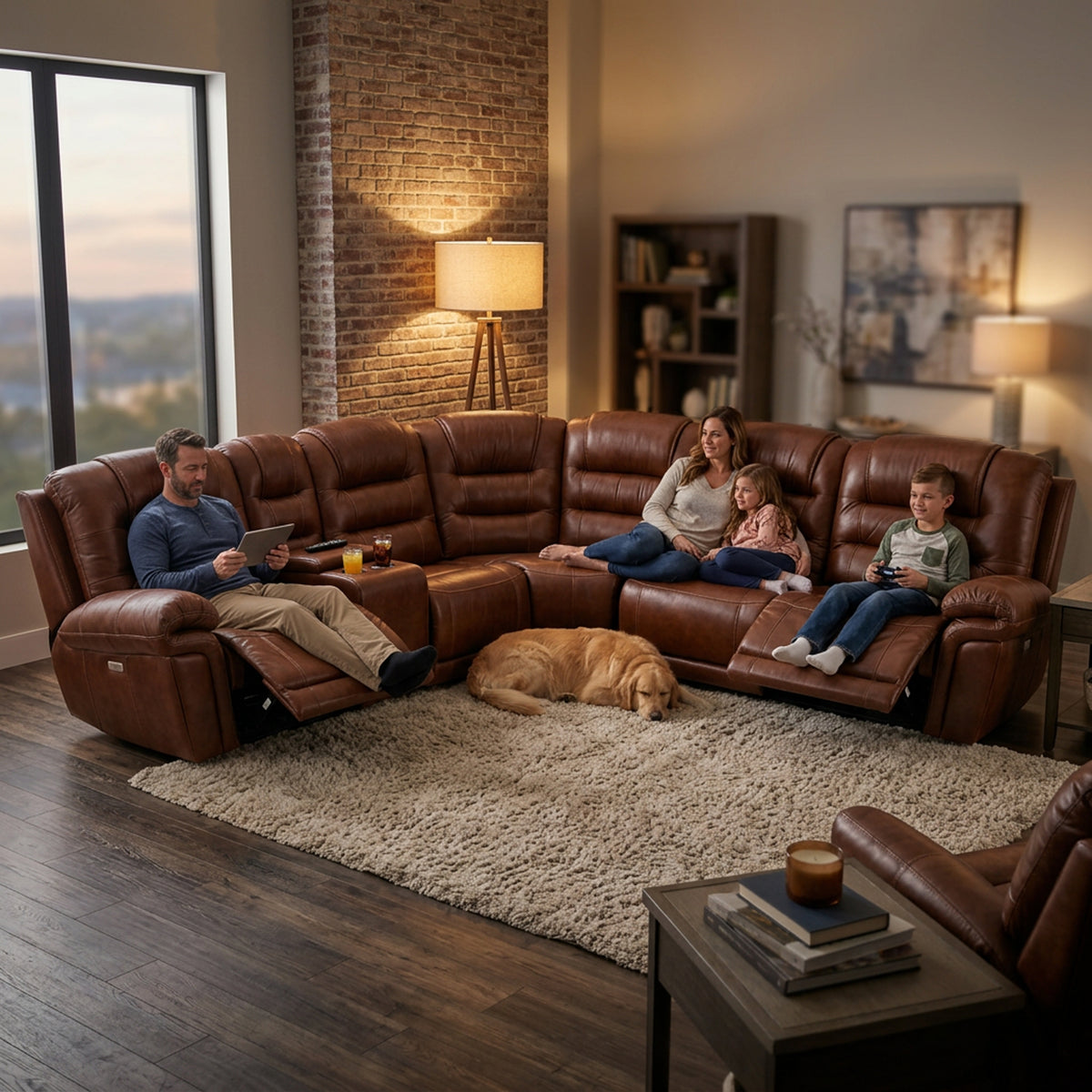 Family relaxing on the Earthline Sparta corner suite with both end recliners raised