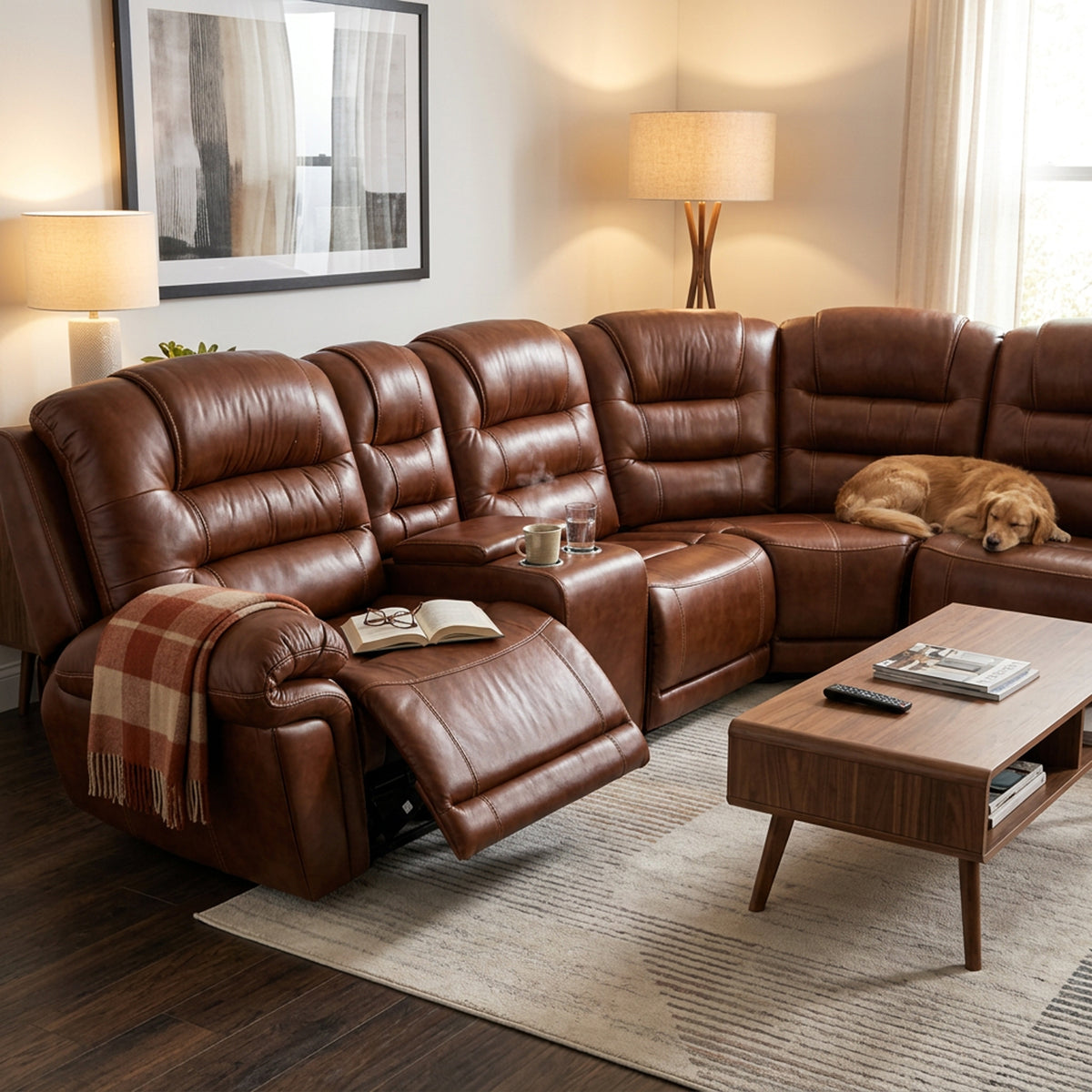 Earthline Sparta corner suite recliner and cup holder console in Cumulus Chestnut