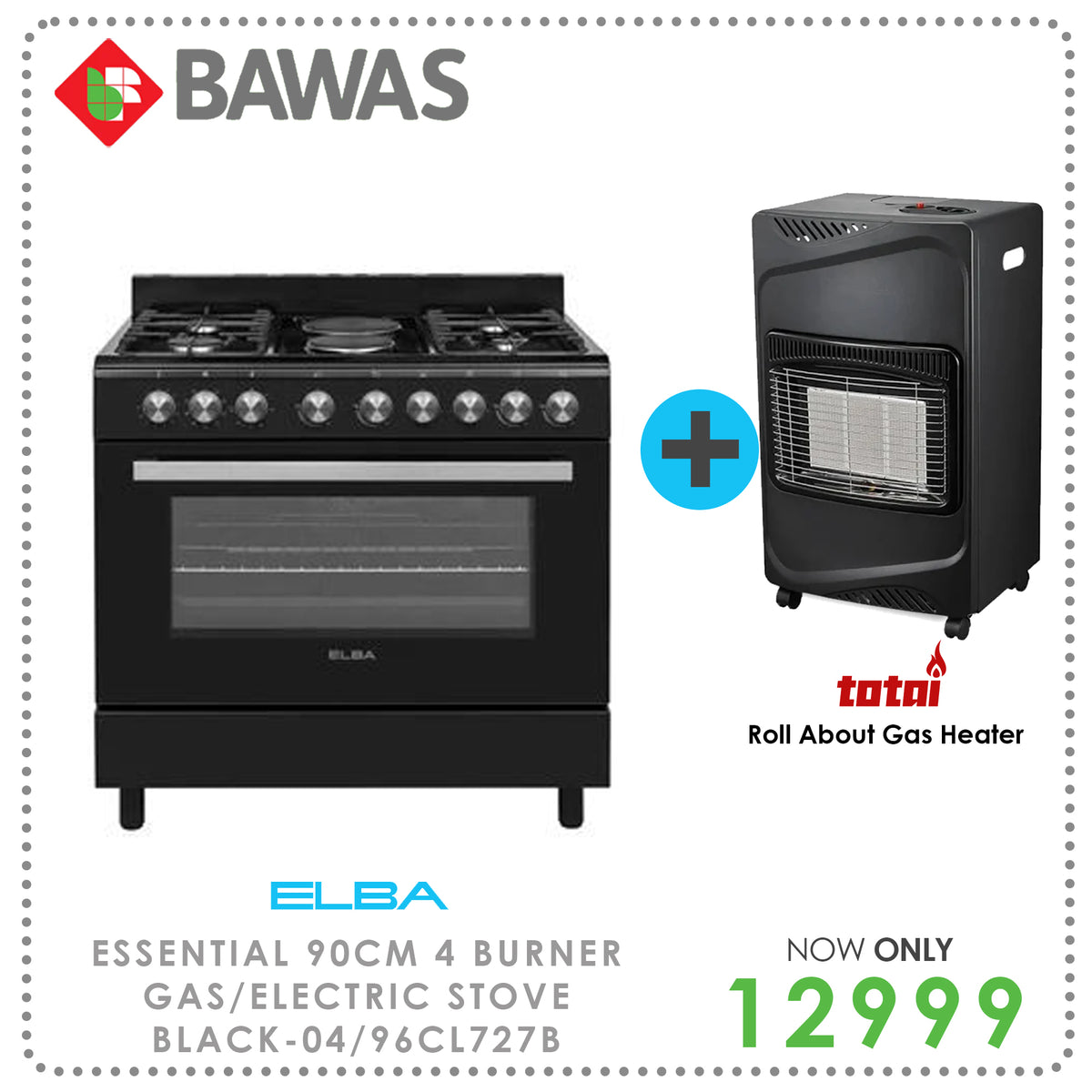 Elba Essential 90cm 4 Burner 2 electric Gas/Electric Stove Black-96CL7 ...