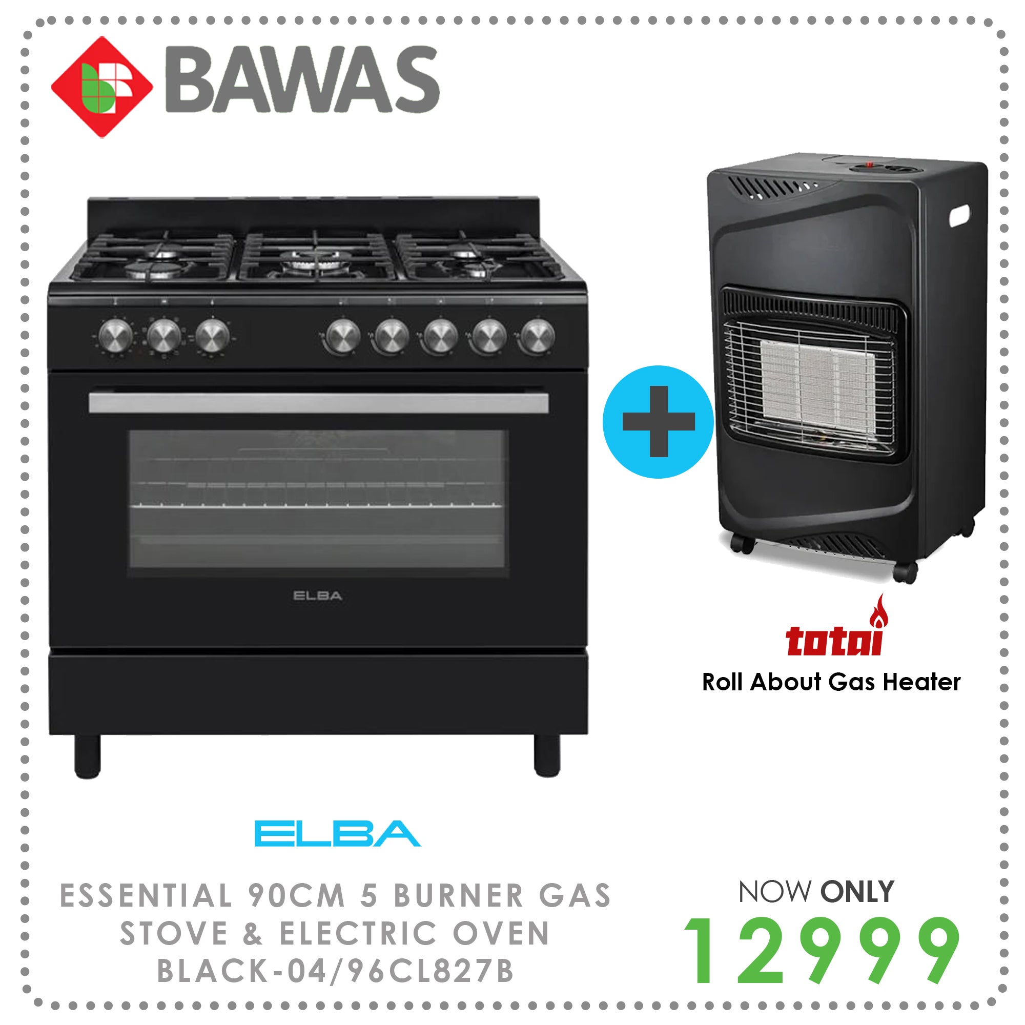 Elba Essential 90cm 5 Burner Gas Stove Electric Oven Black Bawas elba-essential-90cm-5-burner-gas-stove-electric-oven-black-bawas