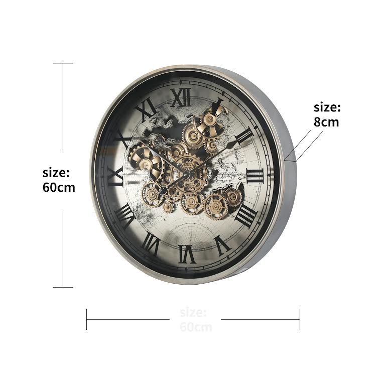 Marco World Map Industrial Silver Metal 60cm Moving Gears Wall Clock Gold