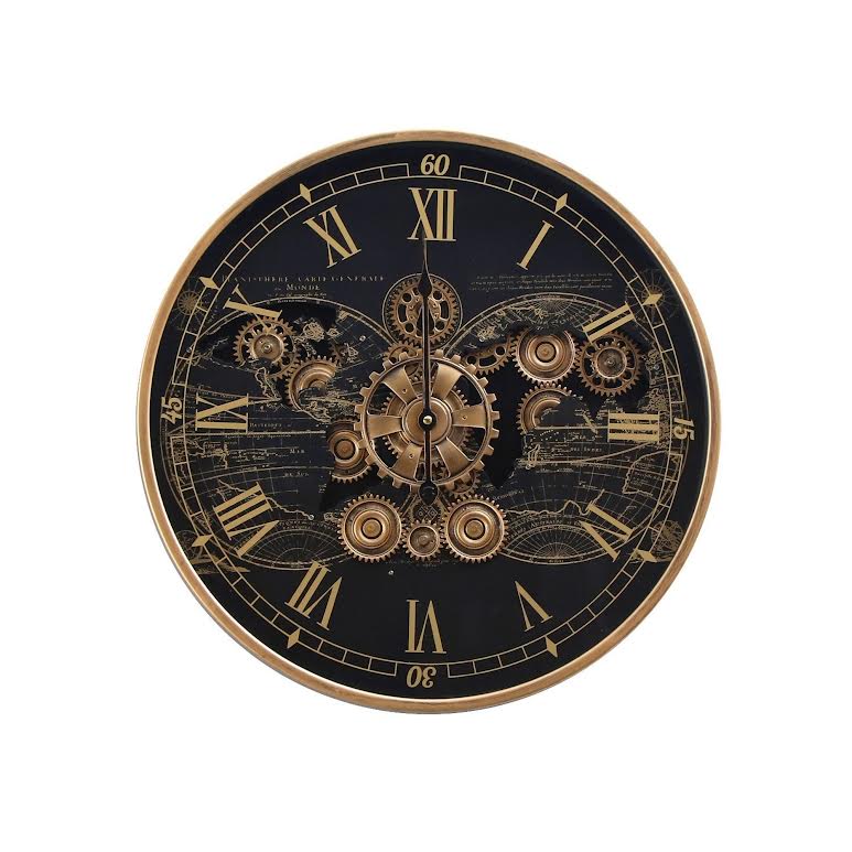 2 Piece Round Vasco Map Moving Cogs Clock Coffee Table Set Black & Gold
