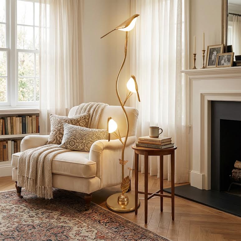 Bird Design Lamp Gold & White