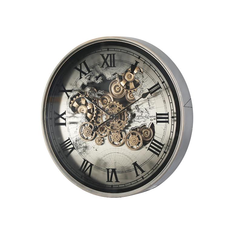 Marco World Map Industrial Silver Metal 60cm Moving Gears Wall Clock Gold