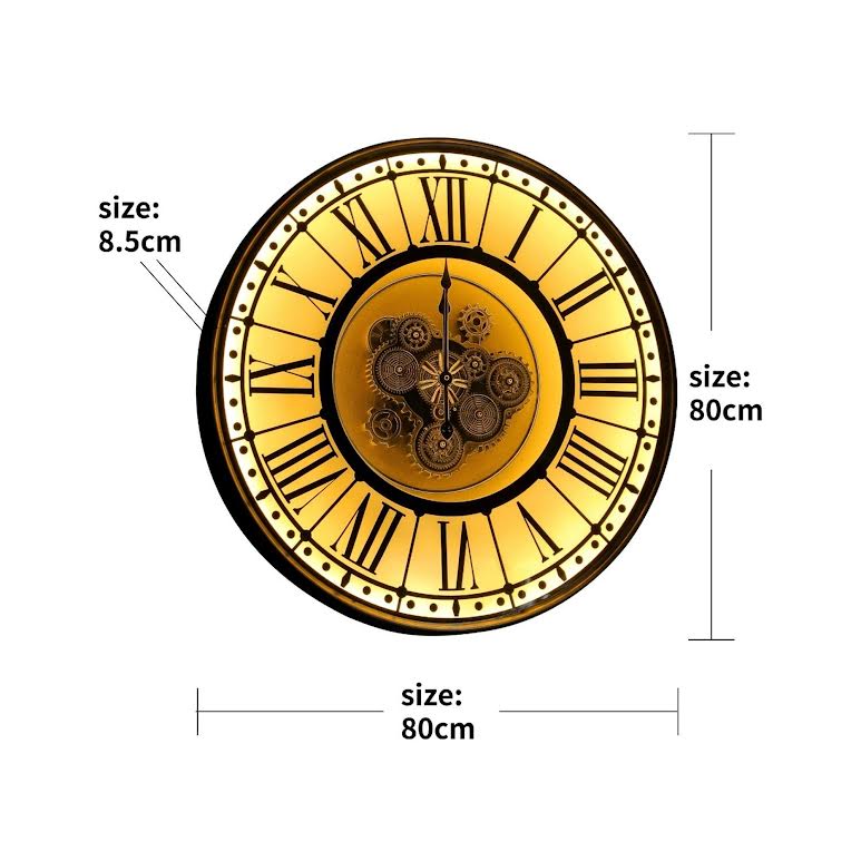 LED 80cm Round Berkshire Industrial Moving Cogs Wall Clock Black & Gold