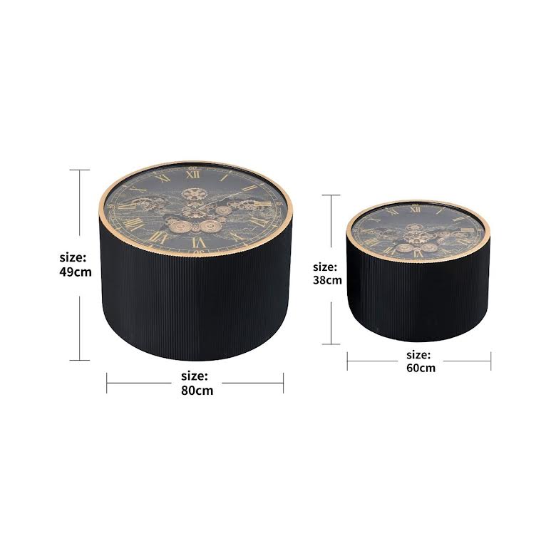 2 Piece Round Vasco Map Moving Cogs Clock Coffee Table Set Black & Gold