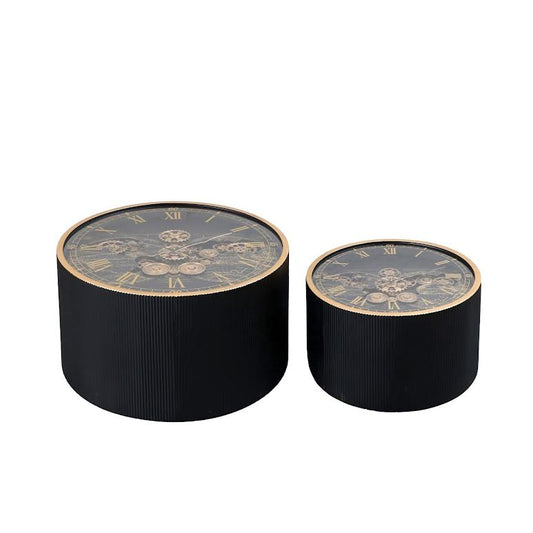 2 Piece Round Vasco Map Moving Cogs Clock Coffee Table Set Black & Gold