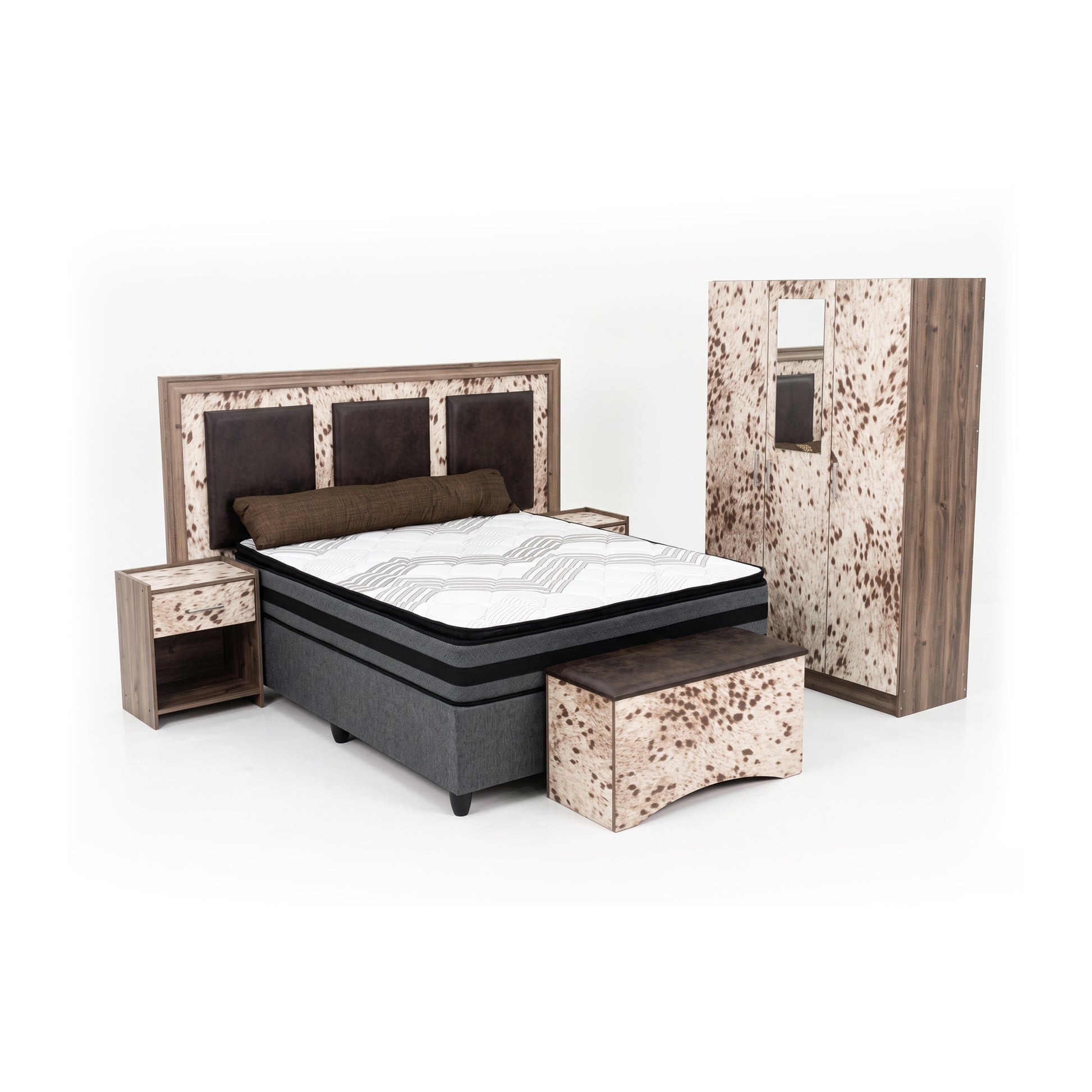 Inguni Bedroom Suite 4 piece in nguni hide print - headboard, pedestals, wardrobe and blanket box