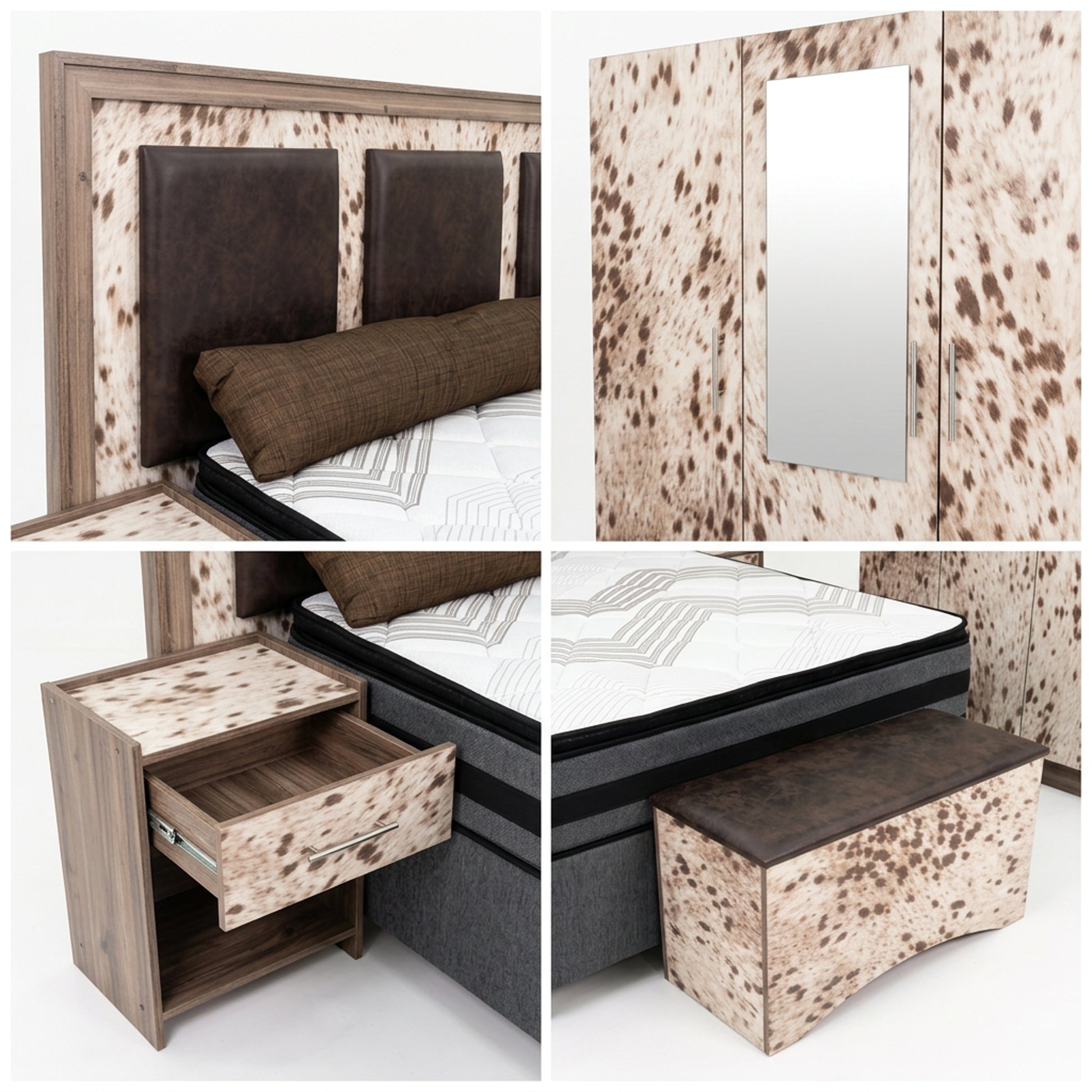 Inguni Bedroom Suite detail - padded headboard panels, mirrored wardrobe, pedestal drawer and blanket box