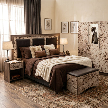 Inguni Bedroom Suite styled in a bedroom with brown linen and nguni print wardrobe