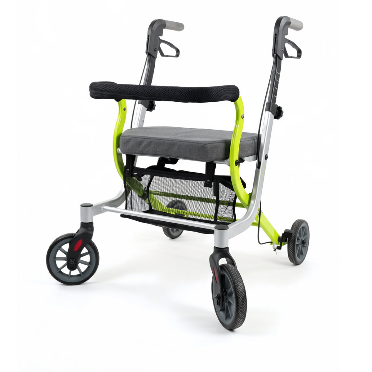 Keephao rollator walker with padded seat, backrest and under-seat storage basket in lime green and silver