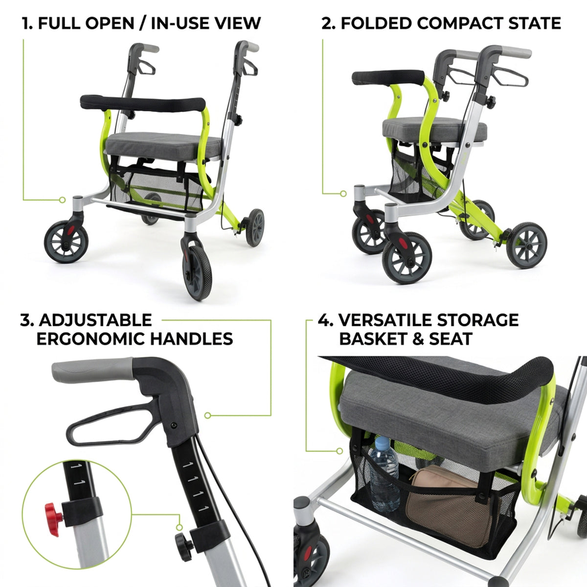 Keephao rollator features - open and folded views, adjustable ergonomic handles, storage basket and seat