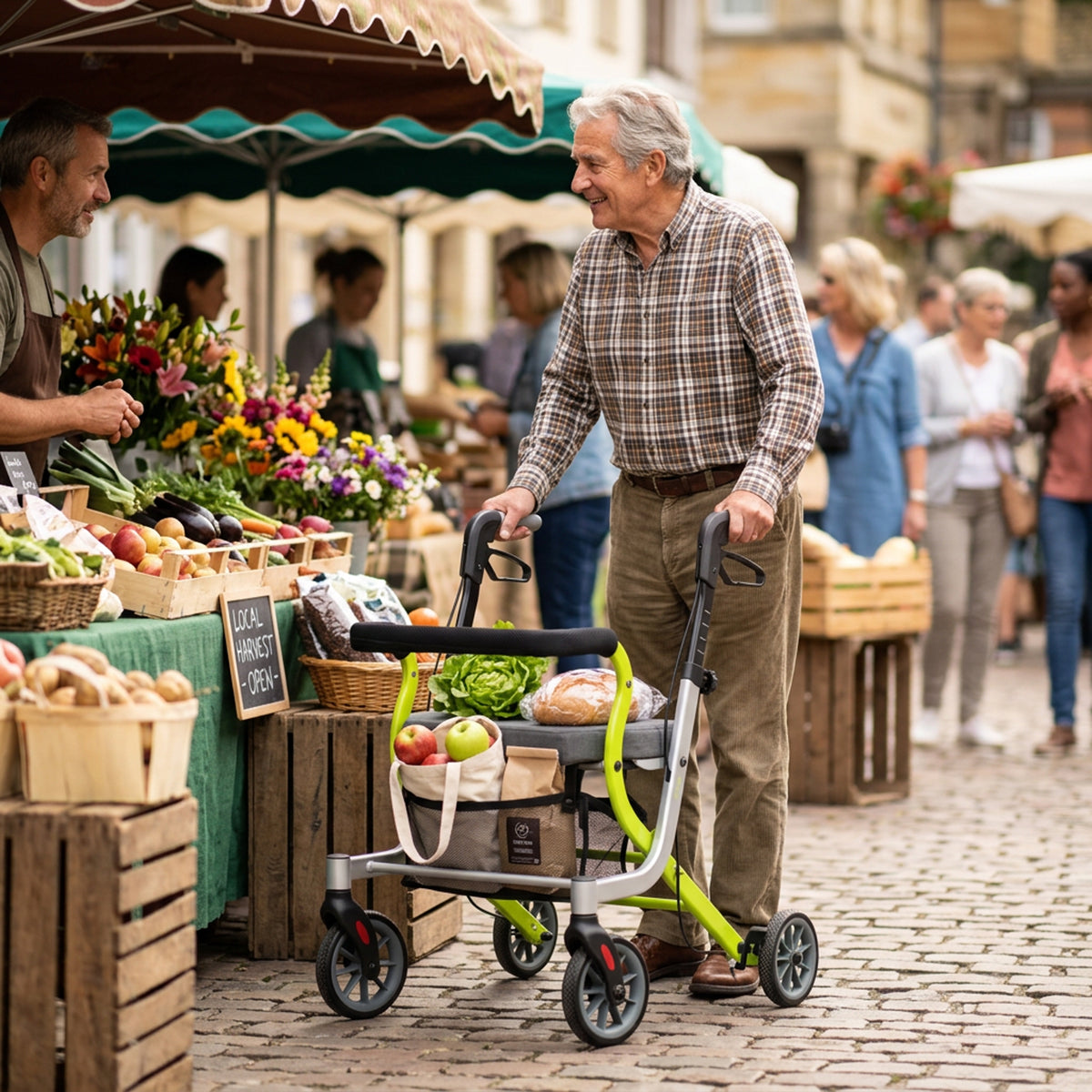 Man using the Keephao rollator walker to carry shopping at a market