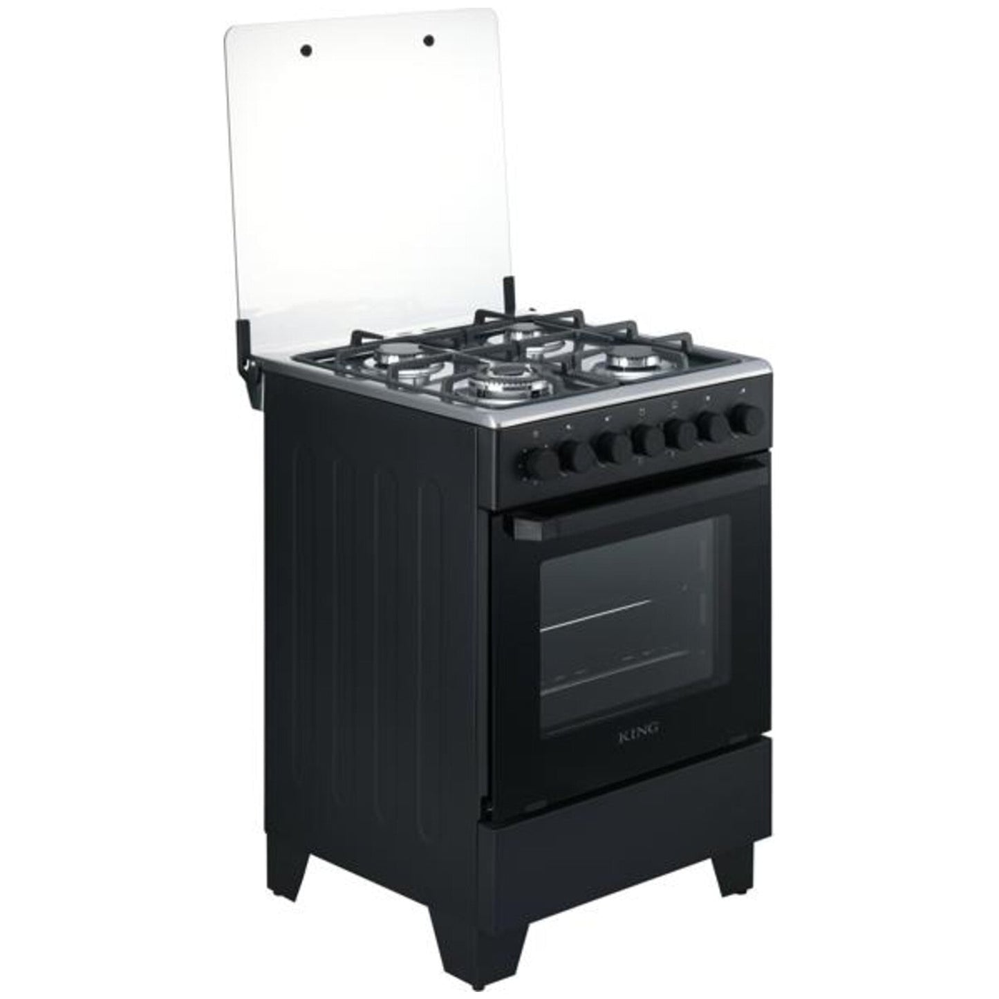 King 60x60 Full Gas Stove KGP6060BFFD in matt black with stainless steel top