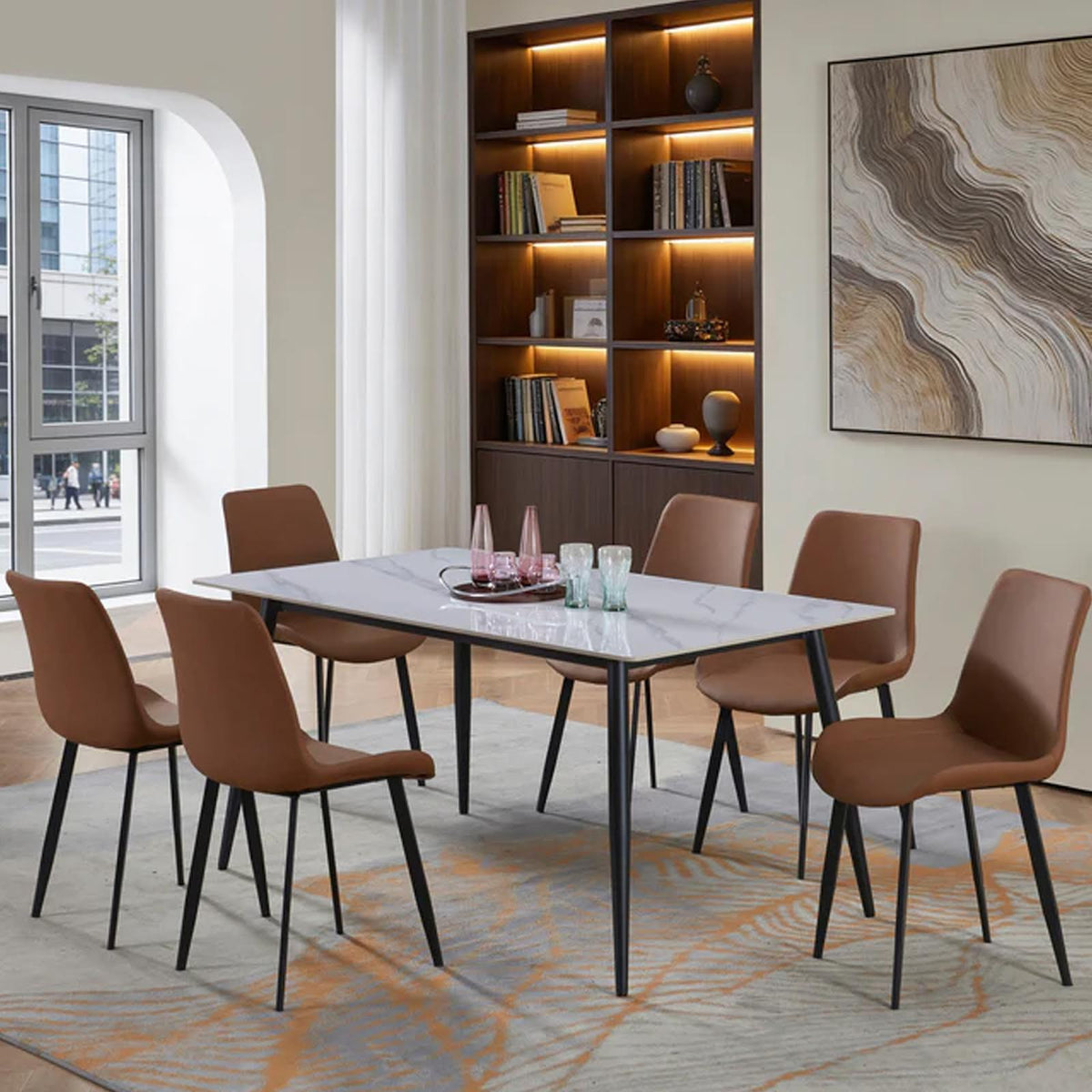 MF Marble 7 Piece Dining Room Suite - Brown in room