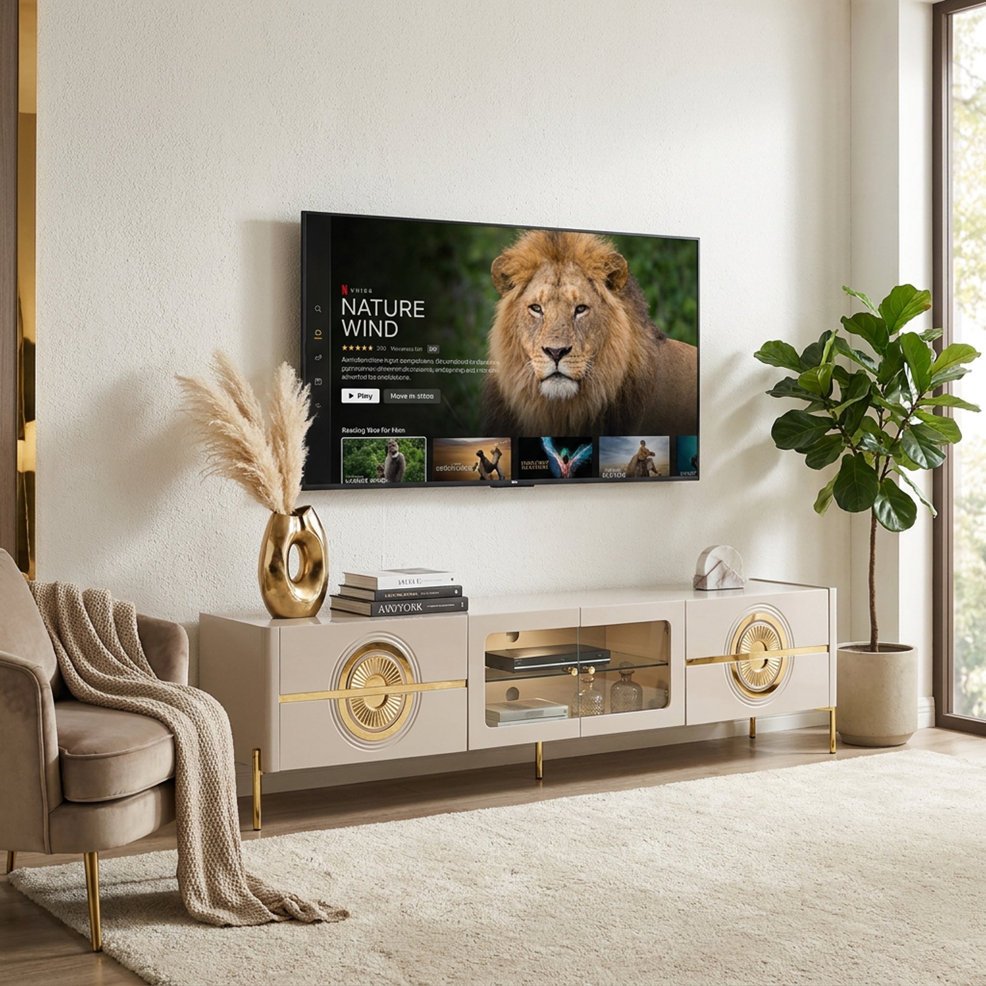 BF Royal Home Plasma Stand PS01 styled in a lounge below a wall-mounted TV