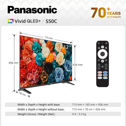 Panasonic 32" S50CGF HD Vivid QLED+ Google Smart TV with Dolby Audio