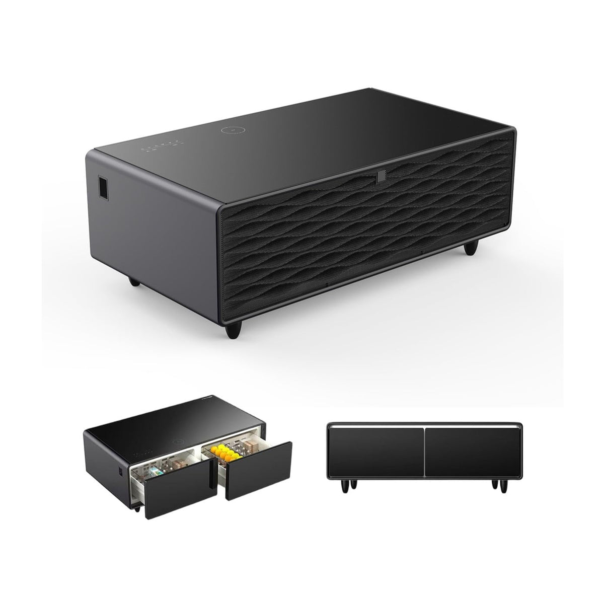 Smart Coffee Table shown from multiple angles with refrigerated drawers open