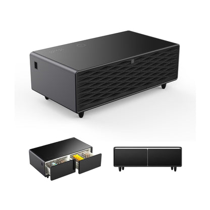 Smart Coffee Table shown from multiple angles with refrigerated drawers open