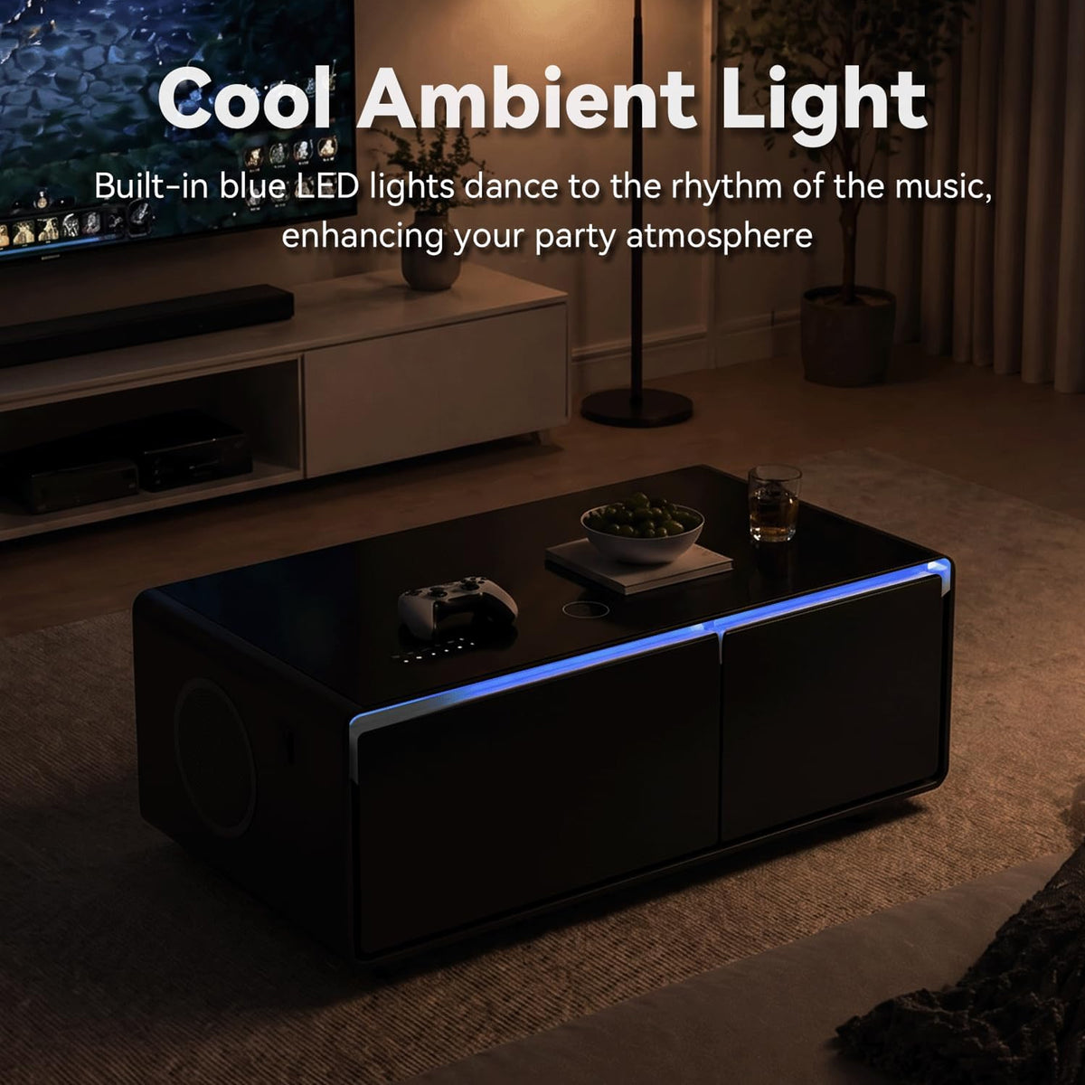 Smart Coffee Table with blue ambient LED lighting in a darkened lounge