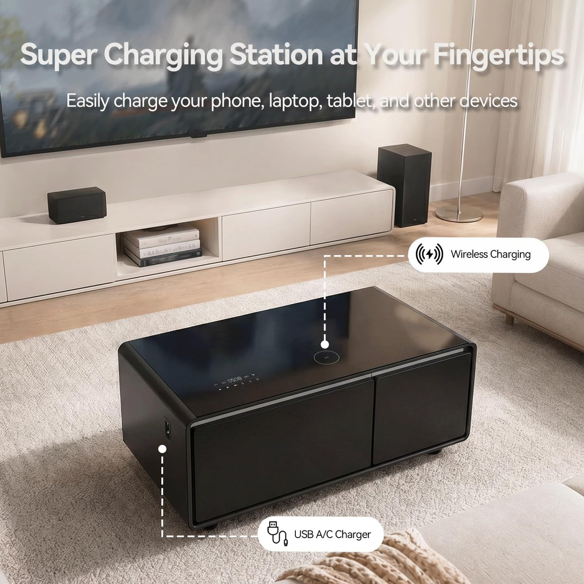 Smart Coffee Table charging station with wireless charging pad and USB ports