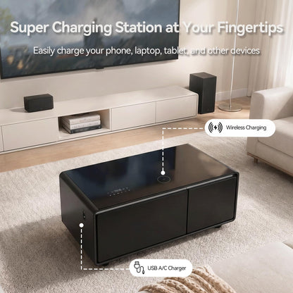 Smart Coffee Table charging station with wireless charging pad and USB ports