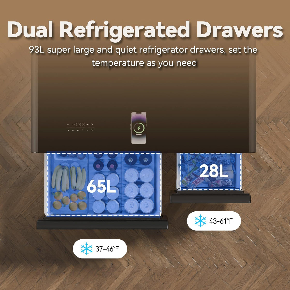 Dual refrigerated drawers of the Smart Coffee Table, 65L and 28L with adjustable temperature