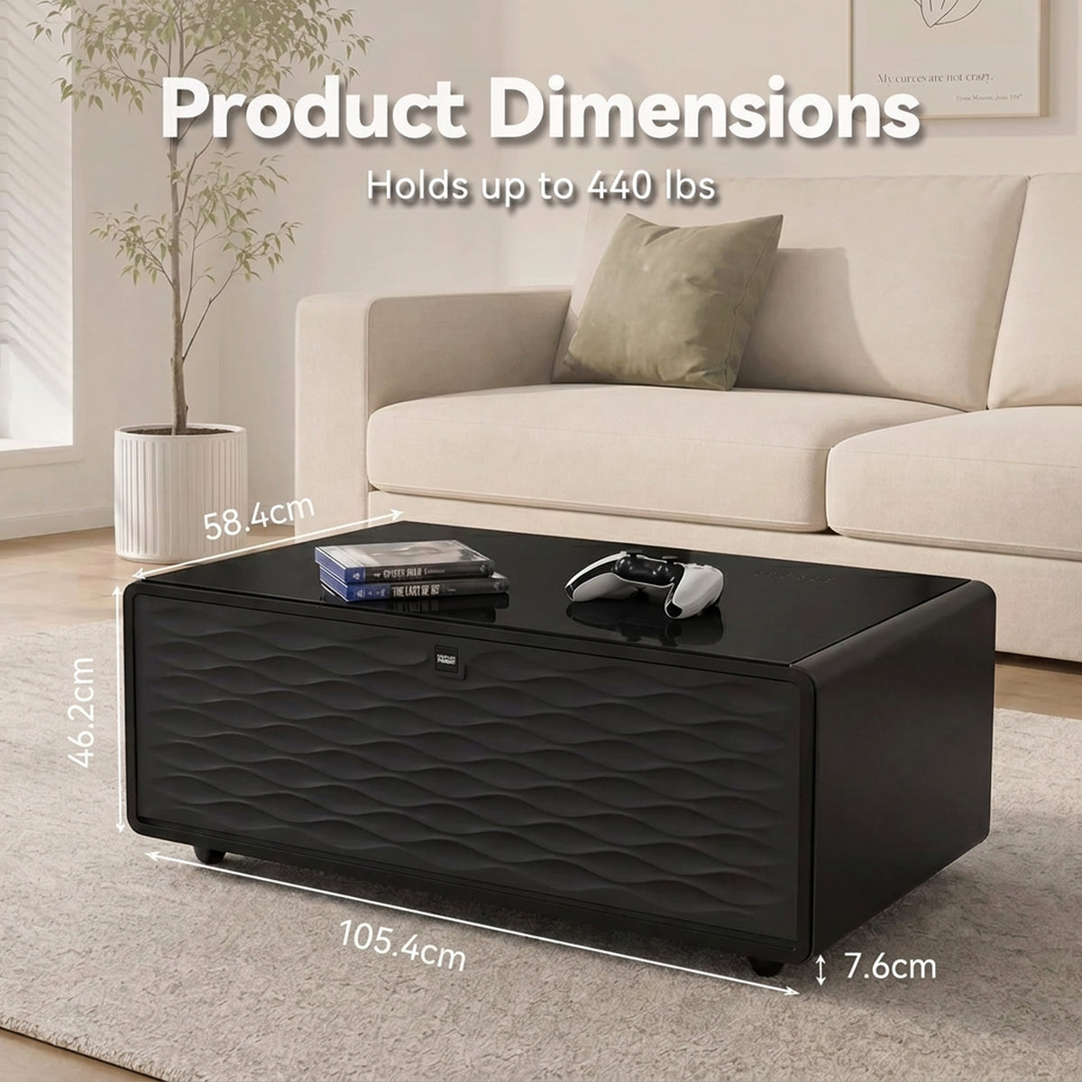 Smart Coffee Table dimensions: 105.4cm wide, 58.4cm deep, 46.2cm high