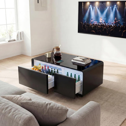 Smart Coffee Table in a lounge with both refrigerated drawers open and interior lighting on