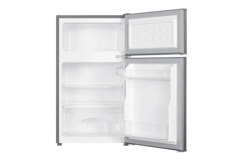 Univa 85Lt Bar Fridge Metallic UT115M - doors open showing freezer, shelf and crisper