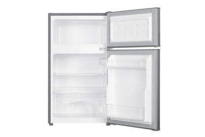 Univa 85Lt Bar Fridge Metallic UT115M - doors open showing freezer, shelf and crisper