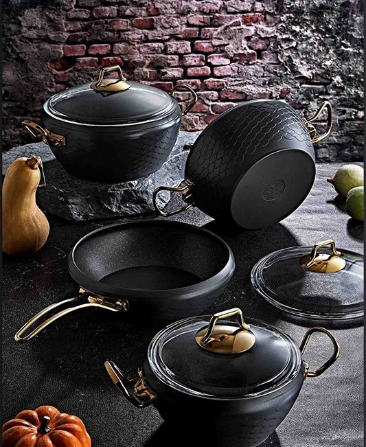OMS 7 Piece Non Stick Granite Cookware Set - Black & Gold